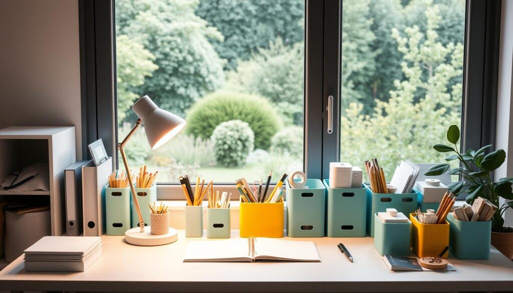 A serene home office with a neatly organized desk showcasing a color-coded decluttering system. Pastel shades of blue, green, and yellow containers hold various office supplies, documents, and personal items. A clean, minimalist desk lamp casts warm lighting, creating a calming atmosphere. In the background, a large window overlooks a peaceful garden scene, blending nature and interior design. The composition emphasizes the harmony between functionality and aesthetics, inspiring a sense of tranquility and productivity.