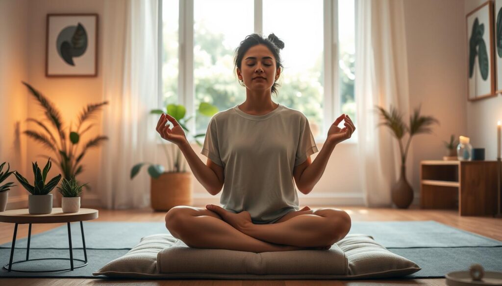A serene home yoga studio bathed in warm, diffused lighting. In the foreground, a young professional sits cross-legged on a plush meditation cushion, eyes closed, palms upturned in a gesture of mindfulness. Calming plants and crystals adorn a minimalist wooden side table. In the middle ground, a large window overlooks a lush, verdant garden, creating a sense of peaceful connection with nature. The background features soft, muted tones, with simple abstract wall art and a small altar adorned with a flickering candle. The overall atmosphere exudes a sense of tranquility and emotional well-being, perfectly capturing the essence of "Fast Self-Care Routines" for busy professionals. A serene home yoga studio bathed in warm, diffused lighting. In the foreground, a young professional sits cross-legged on a plush meditation cushion, eyes closed, palms upturned in a gesture of mindfulness. Calming plants and crystals adorn a minimalist wooden side table. In the middle ground, a large window overlooks a lush, verdant garden, creating a sense of peaceful connection with nature. The background features soft, muted tones, with simple abstract wall art and a small altar adorned with a flickering candle. The overall atmosphere exudes a sense of tranquility and emotional well-being, perfectly capturing the essence of "Fast Self-Care Routines" for busy professionals.
