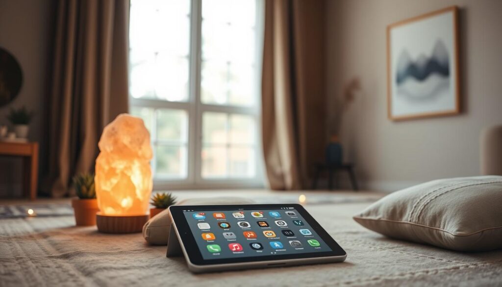 A serene meditation space in a cozy home setting. The foreground features several meditation apps displayed on a clean, minimalist tablet device, surrounded by calming elements like a Himalayan salt lamp, a small succulent plant, and a soft, plush cushion for seated practice. The middle ground showcases a large window, allowing natural light to flood the room and create a warm, inviting ambiance. In the background, a neutral-toned wall displays a simple, abstract art piece, complementing the tranquil atmosphere. The overall mood is one of intentional, restorative self-care, inviting the viewer to pause, reflect, and reconnect with their inner wellbeing. A serene meditation space in a cozy home setting. The foreground features several meditation apps displayed on a clean, minimalist tablet device, surrounded by calming elements like a Himalayan salt lamp, a small succulent plant, and a soft, plush cushion for seated practice. The middle ground showcases a large window, allowing natural light to flood the room and create a warm, inviting ambiance. In the background, a neutral-toned wall displays a simple, abstract art piece, complementing the tranquil atmosphere. The overall mood is one of intentional, restorative self-care, inviting the viewer to pause, reflect, and reconnect with their inner wellbeing.