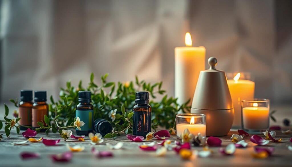 A serene still-life arrangement showcasing an aromatherapy routine. In the foreground, an arrangement of essential oil bottles, diffuser, and candles bathed in soft, warm lighting. In the middle ground, lush greenery and delicate flower petals scattered around the scene, adding pops of color. The background is hazy and blurred, creating a sense of tranquility and focus on the foreground elements. The overall mood is calming, inviting, and reflective of a relaxing, intentional aromatherapy practice. Captured with a shallow depth of field and a slightly elevated camera angle to emphasize the thoughtful curation of the scene. A serene still-life arrangement showcasing an aromatherapy routine. In the foreground, an arrangement of essential oil bottles, diffuser, and candles bathed in soft, warm lighting. In the middle ground, lush greenery and delicate flower petals scattered around the scene, adding pops of color. The background is hazy and blurred, creating a sense of tranquility and focus on the foreground elements. The overall mood is calming, inviting, and reflective of a relaxing, intentional aromatherapy practice. Captured with a shallow depth of field and a slightly elevated camera angle to emphasize the thoughtful curation of the scene.