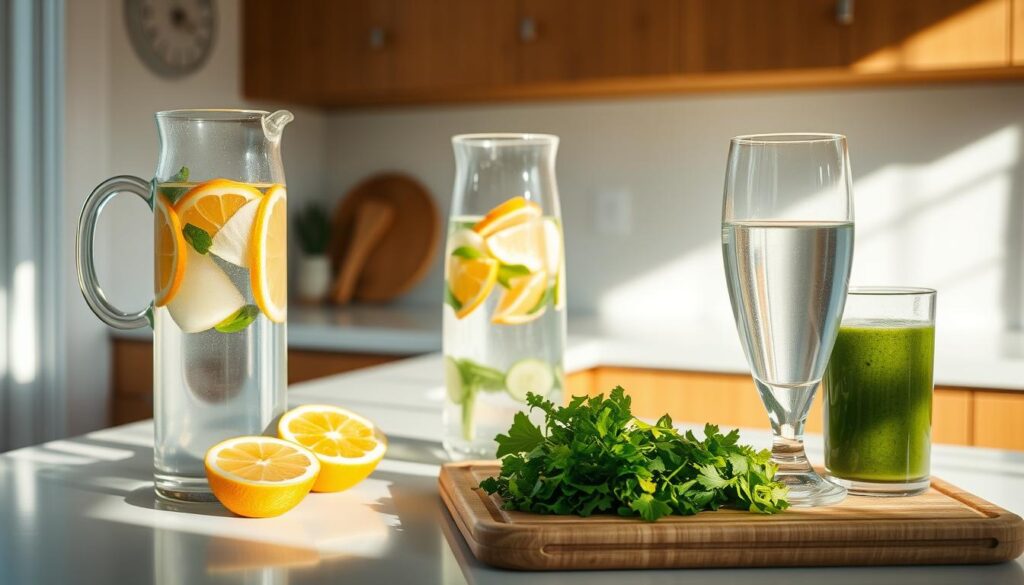 A serene, sun-drenched kitchen countertop, with a glass carafe of infused water, sliced citrus, and a cutting board with freshly chopped vegetables. Beside it, a large glass of water and a vibrant green smoothie, conveying a sense of nourishment and hydration. The lighting is soft and natural, creating a warm, inviting atmosphere. The angle is slightly elevated, allowing the viewer to appreciate the carefully curated arrangement of healthy, hydrating elements, encouraging a mindful approach to morning wellness. A serene, sun-drenched kitchen countertop, with a glass carafe of infused water, sliced citrus, and a cutting board with freshly chopped vegetables. Beside it, a large glass of water and a vibrant green smoothie, conveying a sense of nourishment and hydration. The lighting is soft and natural, creating a warm, inviting atmosphere. The angle is slightly elevated, allowing the viewer to appreciate the carefully curated arrangement of healthy, hydrating elements, encouraging a mindful approach to morning wellness.
