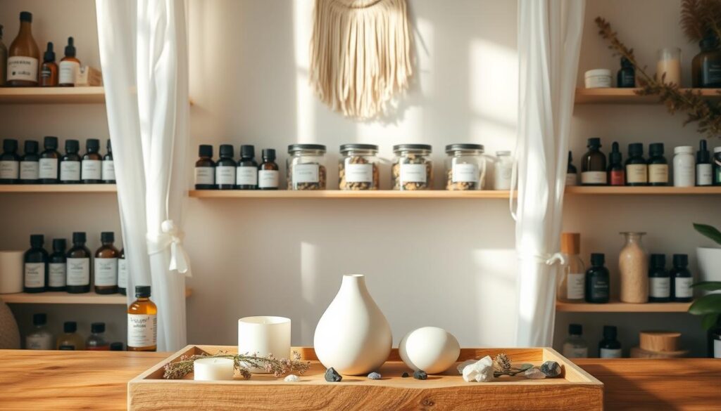 A serene wellness space with shelves displaying assorted essential oil bottles, dried botanicals, and small crystals. Soft natural lighting filters through sheer curtains, casting a warm, calming glow. In the foreground, a wooden tray holds various scented candles, dried flowers, and a minimalist ceramic diffuser. On the middle shelf, neatly organized jars contain homemade dried herb and flower mixes for DIY layered scent blends. The background features a simple, neutral-toned wall with a decorative wall hanging, creating a cohesive, spa-like atmosphere.