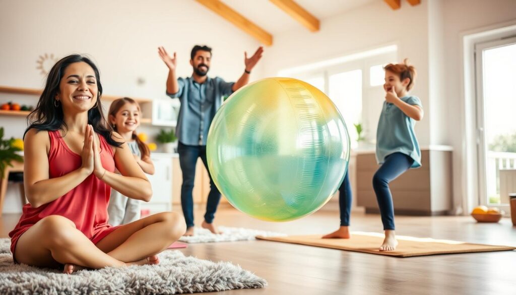 A cheerful family engaged in various wellness activities in a bright, airy home setting. In the foreground, a mother and daughter perform gentle yoga poses on plush rugs, their expressions serene. In the middle ground, a father and son toss a vibrant, water-filled exercise ball, laughter on their faces. The background depicts an open kitchen with fresh fruits and vegetables, hinting at the family's healthy lifestyle. Warm, natural lighting filters through large windows, creating a welcoming, uplifting atmosphere. The scene conveys a sense of harmony, balance, and a holistic approach to family wellness. A cheerful family engaged in various wellness activities in a bright, airy home setting. In the foreground, a mother and daughter perform gentle yoga poses on plush rugs, their expressions serene. In the middle ground, a father and son toss a vibrant, water-filled exercise ball, laughter on their faces. The background depicts an open kitchen with fresh fruits and vegetables, hinting at the family's healthy lifestyle. Warm, natural lighting filters through large windows, creating a welcoming, uplifting atmosphere. The scene conveys a sense of harmony, balance, and a holistic approach to family wellness.