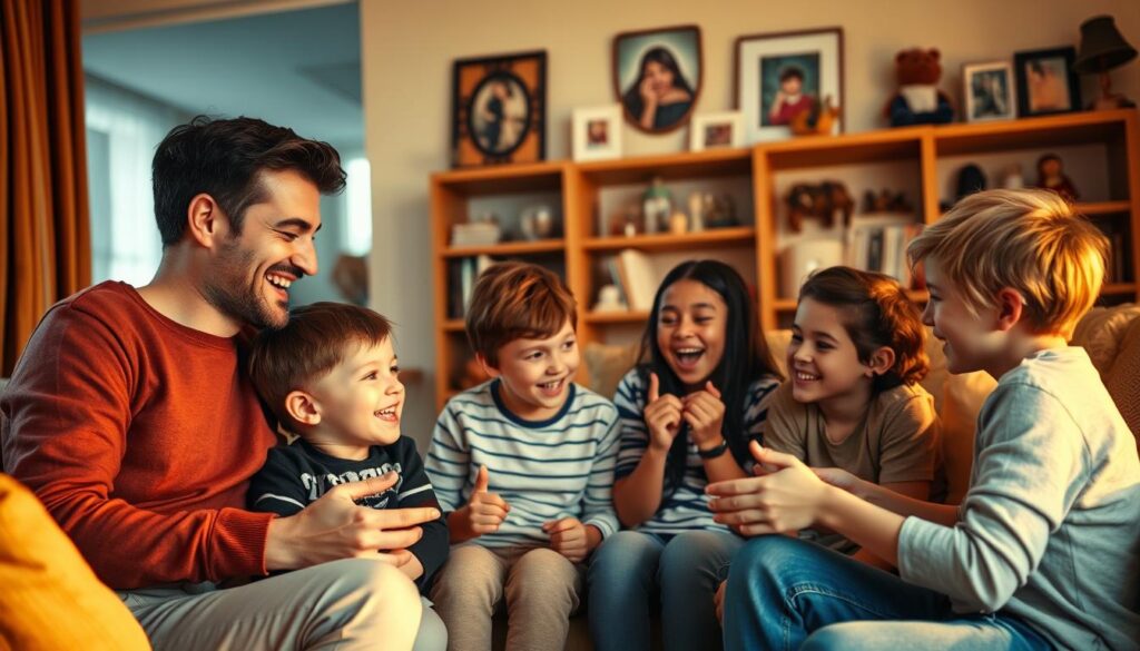 A close-knit family gathered in a cozy living room, laughing and sharing lighthearted moments. The warm lighting casts a golden glow, accentuating their expressions of joy and camaraderie. In the foreground, a parent and child playfully tease each other, their bodies language conveying a sense of playful banter. In the middle ground, siblings engage in a good-natured game, their competitive spirit balanced by genuine laughter. The background showcases family photographs and personal trinkets, hinting at the cherished memories they've built together. The overall scene radiates a palpable sense of comfort, humor, and resilience in the face of everyday stresses. A close-knit family gathered in a cozy living room, laughing and sharing lighthearted moments. The warm lighting casts a golden glow, accentuating their expressions of joy and camaraderie. In the foreground, a parent and child playfully tease each other, their bodies language conveying a sense of playful banter. In the middle ground, siblings engage in a good-natured game, their competitive spirit balanced by genuine laughter. The background showcases family photographs and personal trinkets, hinting at the cherished memories they've built together. The overall scene radiates a palpable sense of comfort, humor, and resilience in the face of everyday stresses.