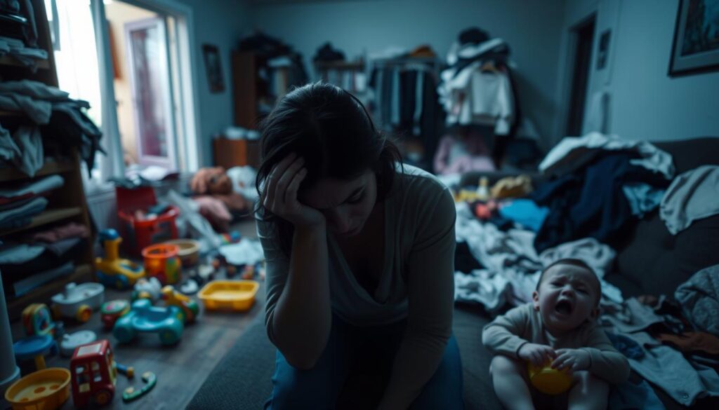 A cluttered home interior with messy living room, toys scattered on the floor, and piles of laundry visible in the background. In the foreground, a weary-looking mother sits on the couch, head in her hands, while a young child cries nearby. The lighting is dim and the atmosphere feels tense, conveying a sense of family stress and exhaustion. The scene is shot from a slightly low angle, adding to the feeling of overwhelm. Shadows and muted colors contribute to the somber mood. A cluttered home interior with messy living room, toys scattered on the floor, and piles of laundry visible in the background. In the foreground, a weary-looking mother sits on the couch, head in her hands, while a young child cries nearby. The lighting is dim and the atmosphere feels tense, conveying a sense of family stress and exhaustion. The scene is shot from a slightly low angle, adding to the feeling of overwhelm. Shadows and muted colors contribute to the somber mood.
