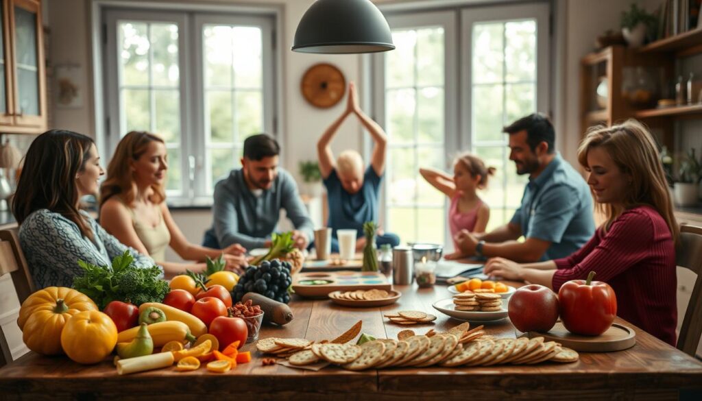 A cozy kitchen scene with a family gathered around a wooden table, enjoying healthy snacks and engaging in wellness activities. In the foreground, a variety of colorful fruits, vegetables, and whole grain crackers are arranged in an appetizing display. In the middle ground, the family members are seated, some playing a cooperative board game, others stretching and doing light exercises. The background features large windows, allowing natural light to flood the space and create a warm, inviting atmosphere. The overall mood is one of togetherness, relaxation, and a focus on nourishing the body and mind. A cozy kitchen scene with a family gathered around a wooden table, enjoying healthy snacks and engaging in wellness activities. In the foreground, a variety of colorful fruits, vegetables, and whole grain crackers are arranged in an appetizing display. In the middle ground, the family members are seated, some playing a cooperative board game, others stretching and doing light exercises. The background features large windows, allowing natural light to flood the space and create a warm, inviting atmosphere. The overall mood is one of togetherness, relaxation, and a focus on nourishing the body and mind.