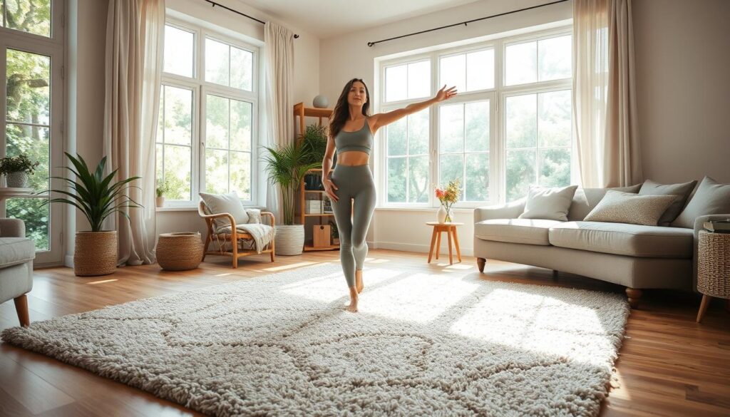A cozy, sun-dappled living room, the floor covered in a plush, neutral-toned rug. In the center, a young woman in comfortable activewear performs a series of graceful, flowing stretches, her movements smooth and intentional. The lighting is soft and natural, filtering in through large windows that offer a glimpse of lush greenery outside. The atmosphere is serene and inviting, conveying a sense of mindfulness and self-care. The camera captures the scene from a medium angle, showcasing the woman's pose and the peaceful, restorative ambiance of the space. A cozy, sun-dappled living room, the floor covered in a plush, neutral-toned rug. In the center, a young woman in comfortable activewear performs a series of graceful, flowing stretches, her movements smooth and intentional. The lighting is soft and natural, filtering in through large windows that offer a glimpse of lush greenery outside. The atmosphere is serene and inviting, conveying a sense of mindfulness and self-care. The camera captures the scene from a medium angle, showcasing the woman's pose and the peaceful, restorative ambiance of the space.