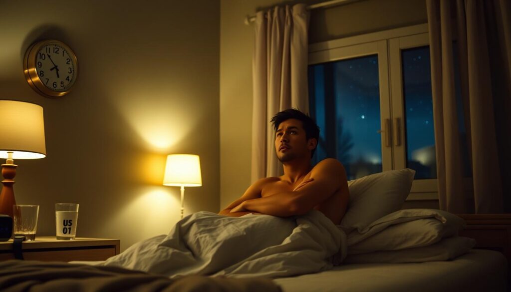 A dimly lit bedroom with calming, soft lighting. In the foreground, a person sitting up in bed, a look of frustration on their face as they toss and turn, struggling to find a comfortable position. On the nightstand, a glass of water and a sleep tracker device. In the background, a wall-mounted clock displays the late hour, and a window reveals a starry night sky. The atmosphere conveys a sense of restlessness and the need for better sleep. The scene is shot with a warm, cinematic lens, capturing the intimate and relatable nature of the subject. A dimly lit bedroom with calming, soft lighting. In the foreground, a person sitting up in bed, a look of frustration on their face as they toss and turn, struggling to find a comfortable position. On the nightstand, a glass of water and a sleep tracker device. In the background, a wall-mounted clock displays the late hour, and a window reveals a starry night sky. The atmosphere conveys a sense of restlessness and the need for better sleep. The scene is shot with a warm, cinematic lens, capturing the intimate and relatable nature of the subject.
