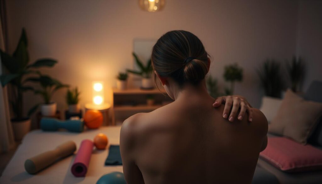 A dimly lit, cozy home setting. In the foreground, a person gently massaging their own shoulders, with focused expression and careful hand movements. The middle ground features various self-massage tools like foam rollers, massage balls, and heating pads arranged neatly. The background showcases a calming, minimalist environment with soft lighting, soothing colors, and plants, conveying a sense of relaxation and safety. The overall scene emphasizes the importance of proper self-care techniques and a safe, comfortable space for effective self-massage.