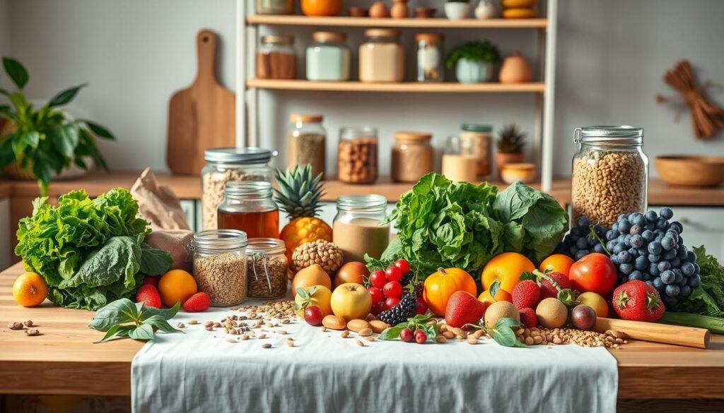 A neatly organized wooden table with a crisp white tablecloth, bathed in warm, natural lighting. In the foreground, an assortment of fresh, vibrant produce - leafy greens, crunchy vegetables, plump berries, and citrus fruits. In the middle ground, glass jars filled with nutritious grains, seeds, and legumes. In the background, a minimalist kitchen shelving unit displaying healthy pantry staples - honey, nut butters, whole grain crackers, and herbal teas. The scene conveys a sense of balance, wholeness, and a commitment to wellness-focused, plant-based nutrition. A neatly organized wooden table with a crisp white tablecloth, bathed in warm, natural lighting. In the foreground, an assortment of fresh, vibrant produce - leafy greens, crunchy vegetables, plump berries, and citrus fruits. In the middle ground, glass jars filled with nutritious grains, seeds, and legumes. In the background, a minimalist kitchen shelving unit displaying healthy pantry staples - honey, nut butters, whole grain crackers, and herbal teas. The scene conveys a sense of balance, wholeness, and a commitment to wellness-focused, plant-based nutrition.
