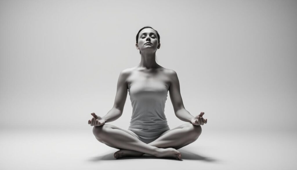 A serene figure sits cross-legged, eyes closed, hands resting gently on their lap. Soft, diffused lighting illuminates their face, creating a calming, meditative atmosphere. The background is a minimalist, monochromatic space, free of distractions, allowing the viewer to focus on the practice of guided breathing. Carefully positioned, the subject's posture and expression convey a sense of deep focus and inner peace, inviting the viewer to experience the restorative power of this simple yet effective technique. A serene figure sits cross-legged, eyes closed, hands resting gently on their lap. Soft, diffused lighting illuminates their face, creating a calming, meditative atmosphere. The background is a minimalist, monochromatic space, free of distractions, allowing the viewer to focus on the practice of guided breathing. Carefully positioned, the subject's posture and expression convey a sense of deep focus and inner peace, inviting the viewer to experience the restorative power of this simple yet effective technique.