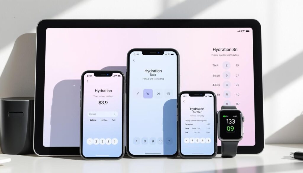 A sleek and modern hydration reminder app displayed on multiple digital devices, including a smartphone, smartwatch, and tablet. The apps feature clean, minimalist interfaces with intuitive controls and customizable hydration tracking. Vibrant yet soothing color palettes, elegant typography, and subtle gradients create a visually appealing and calming aesthetic. The devices are positioned on a minimalist desk or table, with natural lighting casting soft shadows and highlights, emphasizing the modern and technology-driven nature of the setup. The overall mood is one of productivity, health-consciousness, and digital wellness. A sleek and modern hydration reminder app displayed on multiple digital devices, including a smartphone, smartwatch, and tablet. The apps feature clean, minimalist interfaces with intuitive controls and customizable hydration tracking. Vibrant yet soothing color palettes, elegant typography, and subtle gradients create a visually appealing and calming aesthetic. The devices are positioned on a minimalist desk or table, with natural lighting casting soft shadows and highlights, emphasizing the modern and technology-driven nature of the setup. The overall mood is one of productivity, health-consciousness, and digital wellness.