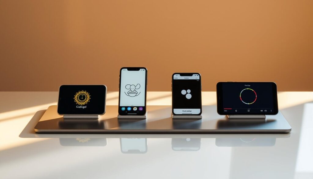 A thoughtful comparison of leading guided meditation apps displayed on a sleek, minimalist table setup. The apps' logos and interfaces are prominently featured, allowing viewers to easily identify and contrast the key offerings. The scene is bathed in warm, natural lighting that creates a serene, calming atmosphere, complementing the meditative theme. The table surface reflects the apps' digital screens, adding depth and a sense of integration between the physical and digital realms. The background is a simple, muted color palette that keeps the focus on the apps themselves. The overall composition conveys a sense of wellness, balance, and informed decision-making for the reader's meditation needs. A thoughtful comparison of leading guided meditation apps displayed on a sleek, minimalist table setup. The apps' logos and interfaces are prominently featured, allowing viewers to easily identify and contrast the key offerings. The scene is bathed in warm, natural lighting that creates a serene, calming atmosphere, complementing the meditative theme. The table surface reflects the apps' digital screens, adding depth and a sense of integration between the physical and digital realms. The background is a simple, muted color palette that keeps the focus on the apps themselves. The overall composition conveys a sense of wellness, balance, and informed decision-making for the reader's meditation needs.