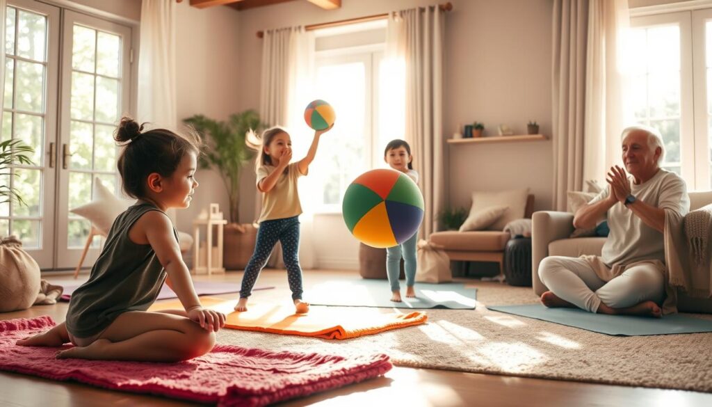 A warm, sun-dappled living room filled with a family engaged in joyful wellness activities. In the foreground, a young child and parent perform gentle, flowing yoga poses on plush, colorful mats. In the middle ground, siblings toss a soft, rainbow-hued ball back and forth, their faces alight with laughter. In the background, an older family member demonstrates mindful breathing techniques, their serene expression conveying a sense of tranquility. Soft, natural lighting filters through large windows, casting a soothing glow over the scene. The overall atmosphere is one of lighthearted connection, physical well-being, and emotional balance. A warm, sun-dappled living room filled with a family engaged in joyful wellness activities. In the foreground, a young child and parent perform gentle, flowing yoga poses on plush, colorful mats. In the middle ground, siblings toss a soft, rainbow-hued ball back and forth, their faces alight with laughter. In the background, an older family member demonstrates mindful breathing techniques, their serene expression conveying a sense of tranquility. Soft, natural lighting filters through large windows, casting a soothing glow over the scene. The overall atmosphere is one of lighthearted connection, physical well-being, and emotional balance.