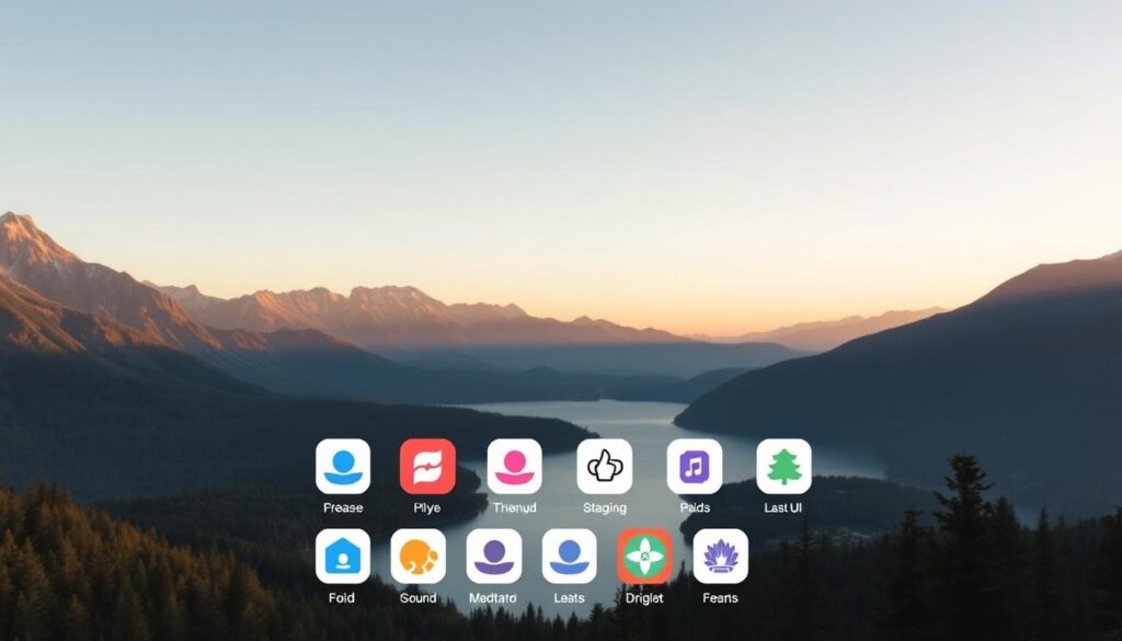 An aesthetically pleasing meditation app interface with a soothing, minimalist design. The foreground features a tranquil landscape with mountains, forests, and a serene lake, all bathed in warm, natural lighting. In the middle ground, a collection of stylized meditation app icons, each with a distinct color and shape, are neatly arranged. The background showcases a calming, gradient sky that transitions from a soft blue to a warm orange, creating a sense of balance and harmony. The overall composition exudes a sense of peace, relaxation, and digital wellness, perfectly capturing the essence of "free vs. paid options" for guided meditation apps. An aesthetically pleasing meditation app interface with a soothing, minimalist design. The foreground features a tranquil landscape with mountains, forests, and a serene lake, all bathed in warm, natural lighting. In the middle ground, a collection of stylized meditation app icons, each with a distinct color and shape, are neatly arranged. The background showcases a calming, gradient sky that transitions from a soft blue to a warm orange, creating a sense of balance and harmony. The overall composition exudes a sense of peace, relaxation, and digital wellness, perfectly capturing the essence of "free vs. paid options" for guided meditation apps.