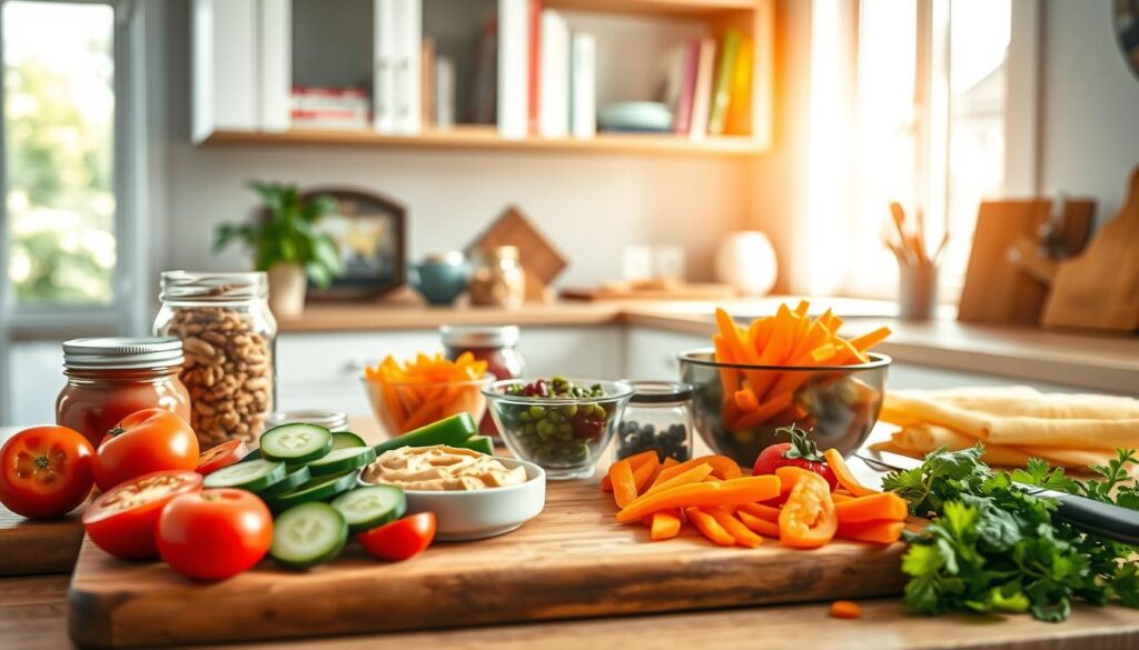 A bright, airy kitchen workspace set up for healthy snack preparation. In the foreground, a wooden cutting board showcases various colorful ingredients like sliced cucumbers, cherry tomatoes, carrot sticks, and a bowl of hummus. There are neatly arranged jars of nuts and dried fruits in vibrant colors. In the middle ground, a stylish countertop with a few well-equipped kitchen tools, such as a knife and a peeler, is visible. The background features soft-focus shelves with cookbooks and a potted herb plant, adding freshness. Warm, natural light streams in from a window, creating an inviting and energizing atmosphere. The scene feels harmonious and uplifting, perfect for encouraging quick, guilt-free homemade snacks. A bright, airy kitchen workspace set up for healthy snack preparation. In the foreground, a wooden cutting board showcases various colorful ingredients like sliced cucumbers, cherry tomatoes, carrot sticks, and a bowl of hummus. There are neatly arranged jars of nuts and dried fruits in vibrant colors. In the middle ground, a stylish countertop with a few well-equipped kitchen tools, such as a knife and a peeler, is visible. The background features soft-focus shelves with cookbooks and a potted herb plant, adding freshness. Warm, natural light streams in from a window, creating an inviting and energizing atmosphere. The scene feels harmonious and uplifting, perfect for encouraging quick, guilt-free homemade snacks.