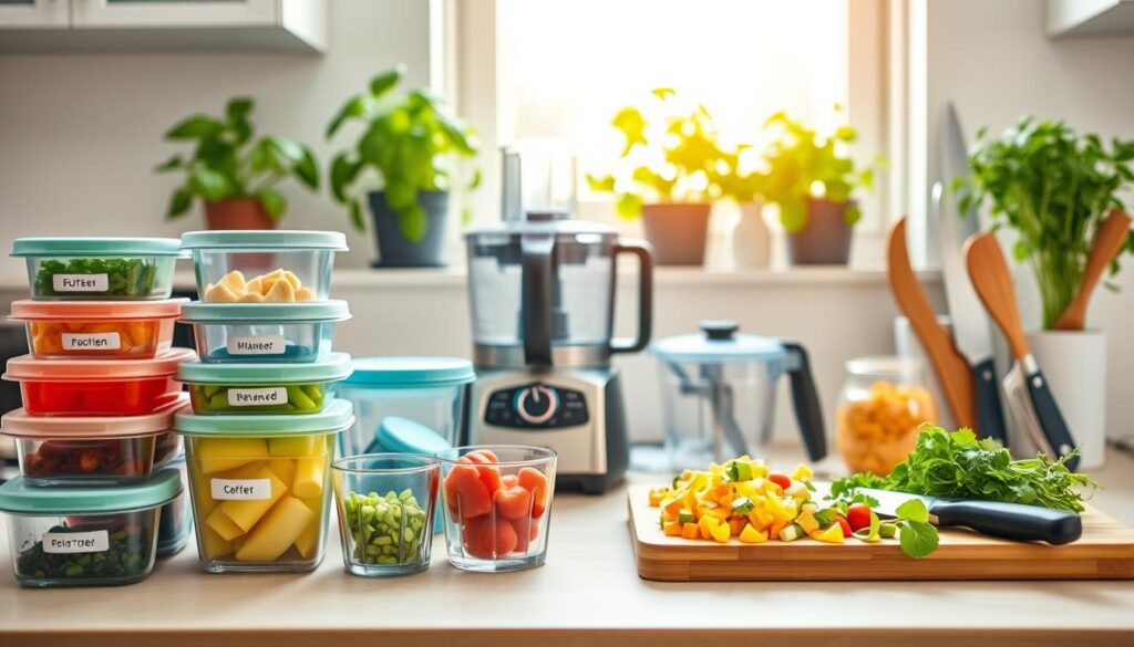 A bright and inviting kitchen countertop filled with an array of plant-based batch cooking tools. In the foreground, showcase colorful, durable glass storage containers with labels, a sturdy bamboo cutting board with fresh chopped vegetables, and a sleek set of measuring cups. The middle ground features an advanced food processor, a spiralizer, and a high-quality chef's knife positioned attractively. In the background, a sunny window adds natural light, illuminating potted herbs like basil and cilantro, creating an eco-friendly vibe. The atmosphere is warm and inviting, emphasizing a clean, organized space that reflects healthy meal prep. Use soft, diffused lighting to enhance the fresh ingredients and tools, captured from a slightly elevated angle for an engaging perspective.