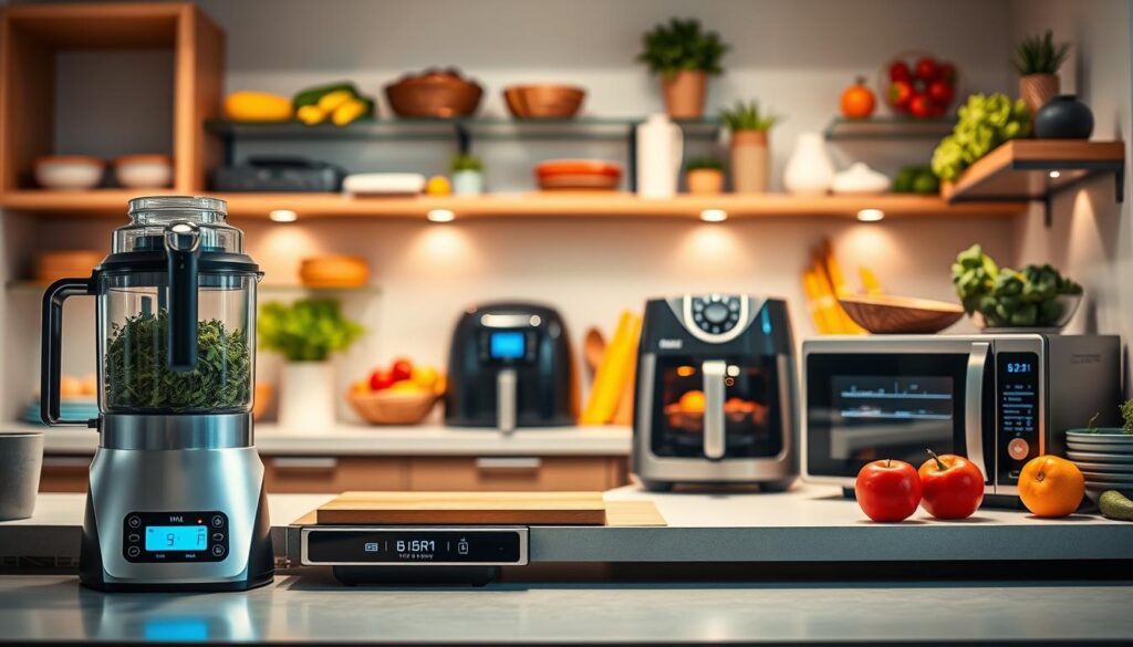 A bright and modern kitchen filled with smart appliances designed for busy lifestyles. In the foreground, showcase a sleek, multifunctional food processor and a high-tech smart scale, both with touchscreen interfaces. The middle ground features a stylish air fryer and an efficient smart microwave, emphasizing convenience and innovation. The background includes smart shelves filled with fresh fruits and vegetables, under soft, warm lighting that creates a cozy yet functional atmosphere. Capture the scene from a slightly elevated angle to provide depth and perspective, emphasizing the practicality of these gadgets. The overall mood should be vibrant and inviting, highlighting the ease of healthy cooking with smart technology, appealing to busy individuals looking to enhance their culinary experience. A bright and modern kitchen filled with smart appliances designed for busy lifestyles. In the foreground, showcase a sleek, multifunctional food processor and a high-tech smart scale, both with touchscreen interfaces. The middle ground features a stylish air fryer and an efficient smart microwave, emphasizing convenience and innovation. The background includes smart shelves filled with fresh fruits and vegetables, under soft, warm lighting that creates a cozy yet functional atmosphere. Capture the scene from a slightly elevated angle to provide depth and perspective, emphasizing the practicality of these gadgets. The overall mood should be vibrant and inviting, highlighting the ease of healthy cooking with smart technology, appealing to busy individuals looking to enhance their culinary experience.