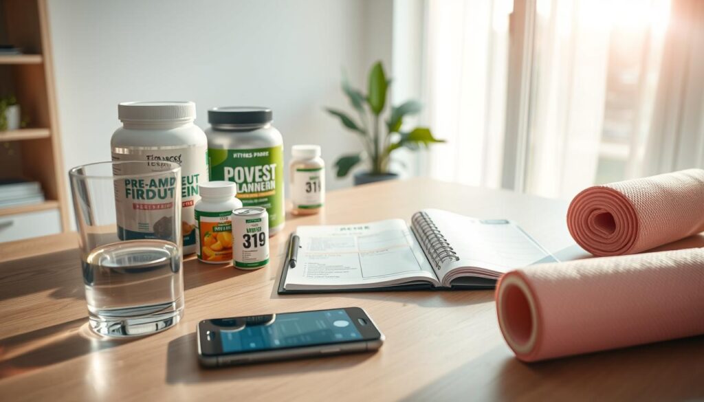 A clean, modern workspace setting designed for fitness enthusiasts, showcasing a neatly organized table displaying various pre and post workout supplements like protein powder, BCAAs, and vitamins. In the foreground, a partially filled glass of water and a smartphone showing a timing app to indicate dosing schedule. The middle ground includes a fitness planner with notes on timing and dosages, accompanied by a yoga mat rolled up. The background features a large window with natural light flooding in, giving a bright and motivating atmosphere. Soft, warm lighting enhances the inviting feel, while a wide-angle perspective captures the dynamic relationship between productivity and fitness. The color palette consists of vibrant greens and whites, emphasizing health and vitality. A clean, modern workspace setting designed for fitness enthusiasts, showcasing a neatly organized table displaying various pre and post workout supplements like protein powder, BCAAs, and vitamins. In the foreground, a partially filled glass of water and a smartphone showing a timing app to indicate dosing schedule. The middle ground includes a fitness planner with notes on timing and dosages, accompanied by a yoga mat rolled up. The background features a large window with natural light flooding in, giving a bright and motivating atmosphere. Soft, warm lighting enhances the inviting feel, while a wide-angle perspective captures the dynamic relationship between productivity and fitness. The color palette consists of vibrant greens and whites, emphasizing health and vitality.