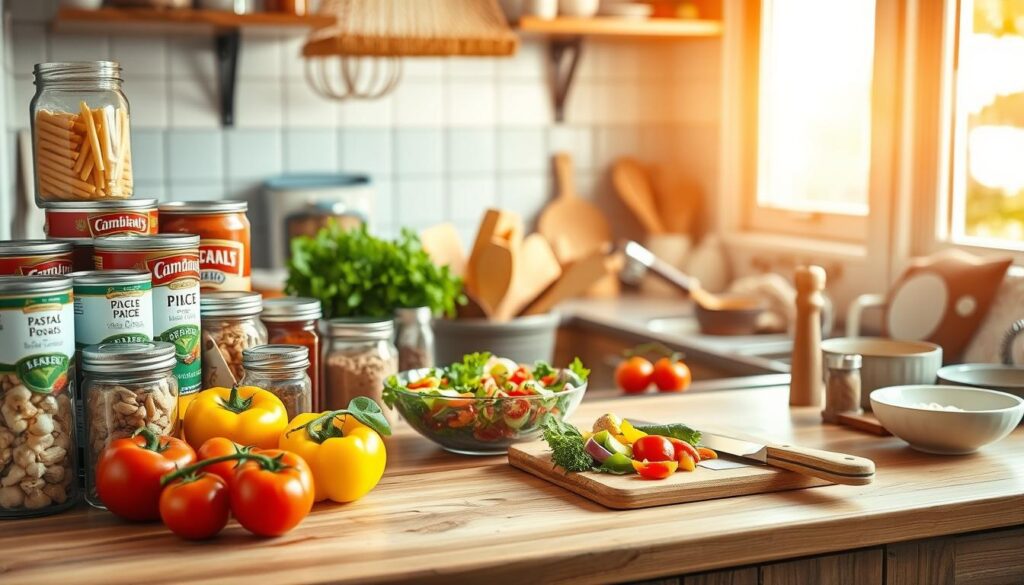 A cozy kitchen setting filled with essential pantry staples for quick meals. In the foreground, a well-organized wooden countertop displays vibrant ingredients like canned tomatoes, pasta, rice, and spices in clear jars. Some fresh vegetables, like bell peppers and onions, add color and vitality. In the middle, a bowl of prepared salad sits next to a cutting board with a knife, suggesting a meal in progress. The background reveals a sunny window, warmly illuminating the space with soft, natural light. A few kitchen utensils like spoons and mixing bowls are neatly arranged. The overall mood is inviting and homey, encouraging the viewer to create nutritious dishes in under 30 minutes. The image is captured with a warm tone using a soft-focus lens for a gentle atmosphere. A cozy kitchen setting filled with essential pantry staples for quick meals. In the foreground, a well-organized wooden countertop displays vibrant ingredients like canned tomatoes, pasta, rice, and spices in clear jars. Some fresh vegetables, like bell peppers and onions, add color and vitality. In the middle, a bowl of prepared salad sits next to a cutting board with a knife, suggesting a meal in progress. The background reveals a sunny window, warmly illuminating the space with soft, natural light. A few kitchen utensils like spoons and mixing bowls are neatly arranged. The overall mood is inviting and homey, encouraging the viewer to create nutritious dishes in under 30 minutes. The image is captured with a warm tone using a soft-focus lens for a gentle atmosphere.