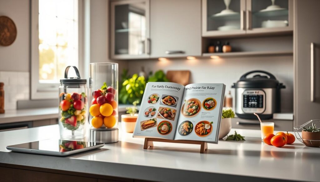 A modern kitchen showcasing an array of smart kitchen gadgets designed for healthy cooking. In the foreground, a sleek, touch-screen smart scale rests beside a compact, high-tech blender displaying vibrant fruits and vegetables, emphasizing ease and innovation. In the middle, a digital recipe book on a stand provides a cozy ambiance, showcasing colorful meal ideas for health-conscious cooking. The background features stylish cabinets with integrated smart appliances like an air fryer and a Wi-Fi-connected instant pot, surrounded by fresh herbs and spices. Soft, natural light streams in through a window, highlighting the clean lines and inviting atmosphere of the space. The mood is bright and inspirational, conveying effortless cooking with the help of technology. A modern kitchen showcasing an array of smart kitchen gadgets designed for healthy cooking. In the foreground, a sleek, touch-screen smart scale rests beside a compact, high-tech blender displaying vibrant fruits and vegetables, emphasizing ease and innovation. In the middle, a digital recipe book on a stand provides a cozy ambiance, showcasing colorful meal ideas for health-conscious cooking. The background features stylish cabinets with integrated smart appliances like an air fryer and a Wi-Fi-connected instant pot, surrounded by fresh herbs and spices. Soft, natural light streams in through a window, highlighting the clean lines and inviting atmosphere of the space. The mood is bright and inspirational, conveying effortless cooking with the help of technology.