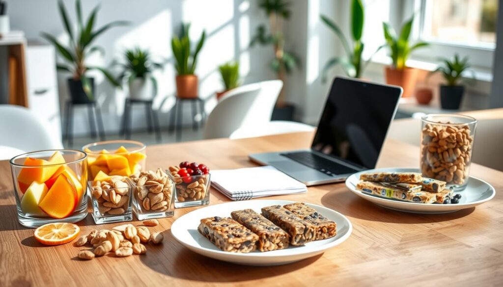 A stylish, well-organized workspace featuring a variety of healthy snacks perfect for busy professionals. In the foreground, a sleek wooden desk adorned with an assortment of colorful, guilt-free snacks such as fresh fruit slices, mixed nuts in elegant glass containers, and energy bars neatly arranged on a chic plate. The middle ground showcases an open laptop and a notepad filled with notes, symbolizing productivity. In the background, a well-lit office with potted plants and modern decor creates a calming atmosphere. Soft natural lighting filters through a window, casting gentle shadows. The mood is vibrant and motivating, appealing to professionals seeking healthy options to manage cravings without guilt. A stylish, well-organized workspace featuring a variety of healthy snacks perfect for busy professionals. In the foreground, a sleek wooden desk adorned with an assortment of colorful, guilt-free snacks such as fresh fruit slices, mixed nuts in elegant glass containers, and energy bars neatly arranged on a chic plate. The middle ground showcases an open laptop and a notepad filled with notes, symbolizing productivity. In the background, a well-lit office with potted plants and modern decor creates a calming atmosphere. Soft natural lighting filters through a window, casting gentle shadows. The mood is vibrant and motivating, appealing to professionals seeking healthy options to manage cravings without guilt.