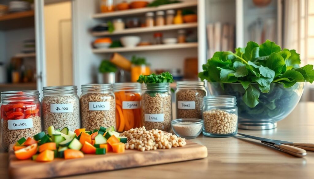 A vibrant and organized kitchen scene showcasing a variety of plant-based batch cooking ingredients. In the foreground, a wooden cutting board holds colorful chopped vegetables like bell peppers, carrots, and zucchini, alongside neatly labeled glass jars filled with grains and legumes such as quinoa, lentils, and chickpeas. In the middle ground, a countertop features a large bowl of fresh leafy greens and herbs, with a few measuring spoons and a knife. The background reveals an open pantry filled with more ingredients, all illuminated by warm, natural light coming from a nearby window, creating a welcoming and energetic atmosphere. The image captures the essence of meal prep for a busy lifestyle, emphasizing simplicity and health.