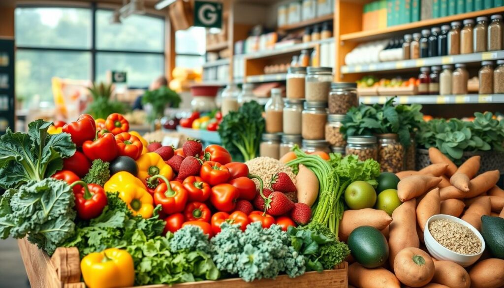 A vibrant display of the healthiest grocery selection, featuring a variety of organic fruits and vegetables artfully arranged in a sunlit grocery aisle. In the foreground, a wooden crate overflows with colorful bell peppers, crisp kale, and fresh strawberries, while avocados and sweet potatoes line the edges. In the middle, whole grains like quinoa and brown rice are neatly stacked next to glass jars filled with nuts and seeds. The background showcases shelves stocked with natural products, like olive oil and herbal teas, under soft, warm lighting that creates an inviting atmosphere. The camera angle is slightly elevated, capturing the abundance and quality of these wholesome foods, emphasizing the theme of "Choosing Quality Over Quantity" in a serene, health-focused setting. A vibrant display of the healthiest grocery selection, featuring a variety of organic fruits and vegetables artfully arranged in a sunlit grocery aisle. In the foreground, a wooden crate overflows with colorful bell peppers, crisp kale, and fresh strawberries, while avocados and sweet potatoes line the edges. In the middle, whole grains like quinoa and brown rice are neatly stacked next to glass jars filled with nuts and seeds. The background showcases shelves stocked with natural products, like olive oil and herbal teas, under soft, warm lighting that creates an inviting atmosphere. The camera angle is slightly elevated, capturing the abundance and quality of these wholesome foods, emphasizing the theme of "Choosing Quality Over Quantity" in a serene, health-focused setting.