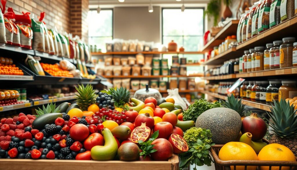 A vibrant grocery store aisle showcasing a selection of superfoods ideal for a healthy diet. In the foreground, a variety of colorful fresh fruits including berries, avocados, and pomegranates are arranged beautifully on a wooden cart. The middle ground features bags of quinoa and nuts alongside jars of organic honey and chia seeds, all neatly organized on shelves. In the background, a sunny window allows natural light to pour into the scene, illuminating the fresh produce and creating a warm, inviting atmosphere. The composition is captured from a slightly elevated angle to provide a dynamic view, emphasizing the abundance and healthiness of the superfood selections. The overall mood is cheerful and inspiring, encouraging viewers to make healthy shopping choices. A vibrant grocery store aisle showcasing a selection of superfoods ideal for a healthy diet. In the foreground, a variety of colorful fresh fruits including berries, avocados, and pomegranates are arranged beautifully on a wooden cart. The middle ground features bags of quinoa and nuts alongside jars of organic honey and chia seeds, all neatly organized on shelves. In the background, a sunny window allows natural light to pour into the scene, illuminating the fresh produce and creating a warm, inviting atmosphere. The composition is captured from a slightly elevated angle to provide a dynamic view, emphasizing the abundance and healthiness of the superfood selections. The overall mood is cheerful and inspiring, encouraging viewers to make healthy shopping choices.