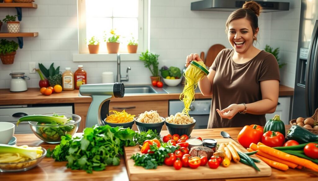 A vibrant kitchen workspace filled with fresh, colorful ingredients arranged on a wooden countertop. In the foreground, a mother in modest casual clothing is joyfully preparing a nutritious meal, holding a zucchini spiralizer. On the countertop, neatly displayed are smart ingredient swaps: zucchini noodles, cauliflower rice, and whole grain pasta, alongside bowls of assorted veggies, fruits, and lean proteins. The middle ground features a cutting board with an assortment of fresh herbs, spices, and colorful veggies like bell peppers, carrots, and cherry tomatoes. In the background, sunlight streams through a window, casting a warm glow, illuminating the kitchen with a cheerful and inviting atmosphere. The overall mood is lively and family-friendly, emphasizing healthy cooking for picky eaters. A vibrant kitchen workspace filled with fresh, colorful ingredients arranged on a wooden countertop. In the foreground, a mother in modest casual clothing is joyfully preparing a nutritious meal, holding a zucchini spiralizer. On the countertop, neatly displayed are smart ingredient swaps: zucchini noodles, cauliflower rice, and whole grain pasta, alongside bowls of assorted veggies, fruits, and lean proteins. The middle ground features a cutting board with an assortment of fresh herbs, spices, and colorful veggies like bell peppers, carrots, and cherry tomatoes. In the background, sunlight streams through a window, casting a warm glow, illuminating the kitchen with a cheerful and inviting atmosphere. The overall mood is lively and family-friendly, emphasizing healthy cooking for picky eaters.