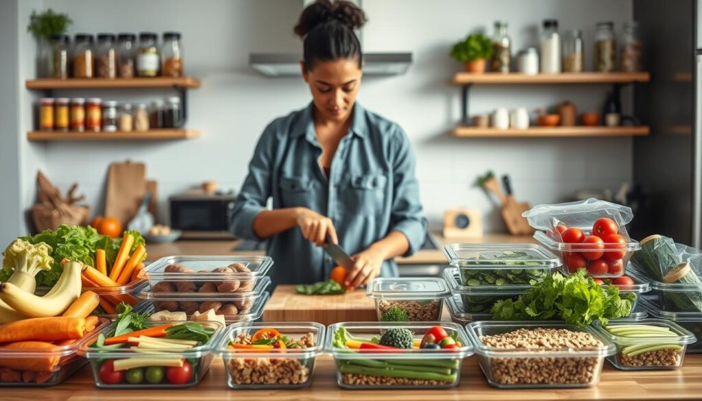 A well-organized kitchen countertop brimming with meal prep ideas, showcasing vibrant, fresh ingredients like colorful vegetables, lean proteins, and whole grains. In the foreground, a diverse array of meal containers are neatly arranged, illustrating portion control and variety. In the middle, a busy professional, dressed in modest casual attire, is chopping vegetables, embodying motivation and determination to overcome time constraints. The background features a well-lit kitchen with modern appliances and shelves stocked with spices and healthy ingredients, suggesting accessibility and readiness. Soft, natural lighting creates an inviting atmosphere, emphasizing a sense of health and wellness, while keeping the focus on practical meal prep solutions. The composition invites viewers to envision strategies for healthy eating amid a hectic lifestyle. A well-organized kitchen countertop brimming with meal prep ideas, showcasing vibrant, fresh ingredients like colorful vegetables, lean proteins, and whole grains. In the foreground, a diverse array of meal containers are neatly arranged, illustrating portion control and variety. In the middle, a busy professional, dressed in modest casual attire, is chopping vegetables, embodying motivation and determination to overcome time constraints. The background features a well-lit kitchen with modern appliances and shelves stocked with spices and healthy ingredients, suggesting accessibility and readiness. Soft, natural lighting creates an inviting atmosphere, emphasizing a sense of health and wellness, while keeping the focus on practical meal prep solutions. The composition invites viewers to envision strategies for healthy eating amid a hectic lifestyle.