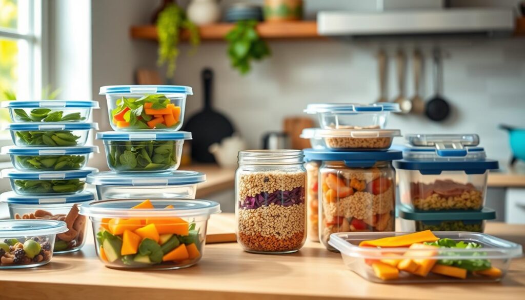 A well-organized kitchen countertop showcasing a variety of time-saving meal prep containers, including stackable plastic bowls, glass jars with airtight lids, and compartmentalized trays. In the foreground, several containers are neatly arranged with colorful, fresh ingredients like chopped vegetables, grains, and lean proteins visibly stored inside. The middle layer features a cutting board and a set of measuring cups, emphasizing meal assembly and organization. The background includes soft, natural lighting from a nearby window, casting a warm glow over the scene, enhancing the inviting atmosphere. A shallow depth of field highlights the containers while softly blurring the kitchen's cozy decor. The overall mood conveys efficiency and health-focused meal preparation. A well-organized kitchen countertop showcasing a variety of time-saving meal prep containers, including stackable plastic bowls, glass jars with airtight lids, and compartmentalized trays. In the foreground, several containers are neatly arranged with colorful, fresh ingredients like chopped vegetables, grains, and lean proteins visibly stored inside. The middle layer features a cutting board and a set of measuring cups, emphasizing meal assembly and organization. The background includes soft, natural lighting from a nearby window, casting a warm glow over the scene, enhancing the inviting atmosphere. A shallow depth of field highlights the containers while softly blurring the kitchen's cozy decor. The overall mood conveys efficiency and health-focused meal preparation.