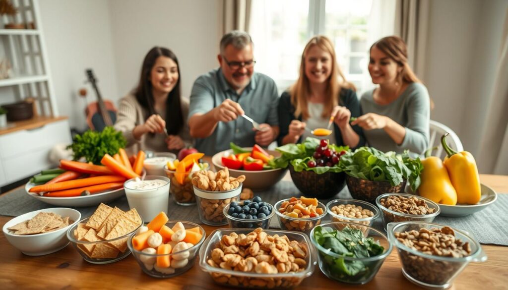 A beautifully arranged table displaying healthy family nutrition portions, featuring colorful, fresh fruits and vegetables like carrots, bell peppers, blueberries, and leafy greens. In the foreground, a variety of nutritious snacks such as whole grain crackers, yogurt, and nuts are presented in appealing containers. In the middle background, a family of four, dressed in modest casual clothing, happily serves and interacts over a delicious meal, embodying togetherness and healthy eating habits. Soft natural lighting filters through a nearby window, creating a warm, inviting atmosphere. The scene captures a well-balanced, wholesome approach to nutrition, with a focus on joy and connection during mealtime. The camera angle is slightly elevated to encompass the full table while maintaining an intimate, engaging perspective. A beautifully arranged table displaying healthy family nutrition portions, featuring colorful, fresh fruits and vegetables like carrots, bell peppers, blueberries, and leafy greens. In the foreground, a variety of nutritious snacks such as whole grain crackers, yogurt, and nuts are presented in appealing containers. In the middle background, a family of four, dressed in modest casual clothing, happily serves and interacts over a delicious meal, embodying togetherness and healthy eating habits. Soft natural lighting filters through a nearby window, creating a warm, inviting atmosphere. The scene captures a well-balanced, wholesome approach to nutrition, with a focus on joy and connection during mealtime. The camera angle is slightly elevated to encompass the full table while maintaining an intimate, engaging perspective.