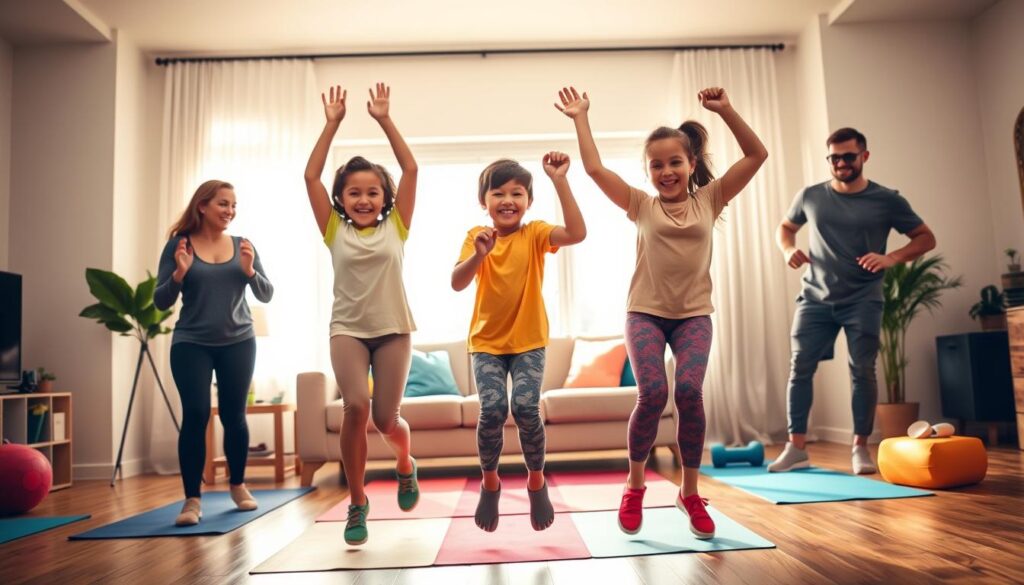 A lively family engaging in a workout challenge in a bright and inviting living room, showcasing positive energy and collaboration. In the foreground, a mother and father are leading their two children through fun exercises, such as jumping jacks and stretching. The children, a boy and a girl, are smiling and full of enthusiasm, wearing colorful, modest athletic clothing. In the middle ground, the living room is furnished with a cozy couch and fitness equipment like yoga mats and dumbbells. In the background, a large window lets in warm, natural light, illuminating the space and creating an uplifting atmosphere. The scene exudes motivation and joy, capturing the essence of building healthy habits together as a family.