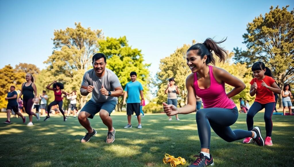 A vibrant family workout scene set in a sunny park, illustrating a diverse family participating in various fitness challenges. In the foreground, a father and mother in modest athletic wear enthusiastically demonstrate a plank challenge, while their two children cheer them on, one holding a stopwatch. The middle ground shows other families engaged in different activities like jump rope and yoga, fostering a sense of community and fun. The background features lush green trees and a clear blue sky, enhancing the energetic and positive atmosphere. Soft, natural lighting casts inviting shadows, and a slightly elevated angle captures the lively interactions, conveying the joy of shared fitness goals and long-term routines.