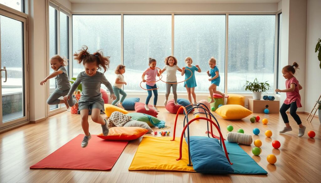 A vibrant indoor scene featuring a diverse group of children energetically engaging in various fun activities to burn off energy on a rainy day. In the foreground, two kids are jumping on colorful exercise mats, while another is playfully navigating an obstacle course made of cushions and soft toys. The middle layer showcases a group participating in a hula hoop competition with laughter and excitement, surrounded by scattered balls and jump ropes. In the background, large windows reveal a gloomy, rainy day outside, contrasting with the lively atmosphere indoors. The lighting is bright and cheerful, enhancing the warm tones of the room. The scene captures a sense of joy, activity, and the boundless energy of children in modest active wear, perfectly illustrating an indoor fitness environment.