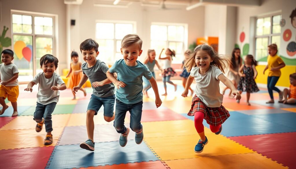 A vibrant indoor scene filled with children of diverse backgrounds joyfully engaging in equipment-free fitness games. In the foreground, a group of three children—two boys and a girl—are mid-motion, playing tag, with wide smiles and energetic expressions. The middle ground showcases other kids participating in a dance-off, leaping and twirling. Colorful mats and soft flooring cover the space, emphasizing a safe play environment. In the background, bright wall murals and large windows let in natural light, creating an uplifting atmosphere. The overall vibe is energetic and playful, capturing the essence of movement and laughter. The image should have a warm, inviting light, highlighting the children's joyful interactions. Focus on a slightly low angle, emphasizing the dynamic actions of the children.