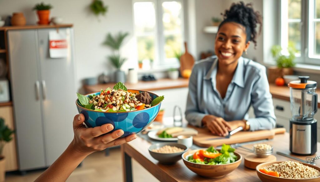 A vibrant kitchen scene showcasing quick meal hacks for busy individuals. In the foreground, a smiling person in professional casual attire, holding a colorful bowl filled with a nutritious salad topped with nuts and seeds. In the middle layer, a wooden kitchen table cluttered with easy-to-use meal prep tools like a blender, cutting board, prepped ingredients like chopped vegetables, and whole grains, all organized and ready for cooking. The background features an inviting kitchen with bright, natural light streaming in through a window, enhancing the fresh and healthy atmosphere. The perspective is slightly angled to emphasize the action of meal preparation, creating a sense of energy and optimism. The mood is inspiring and practical, appealing to those looking to maintain nutrition despite their busy schedules.