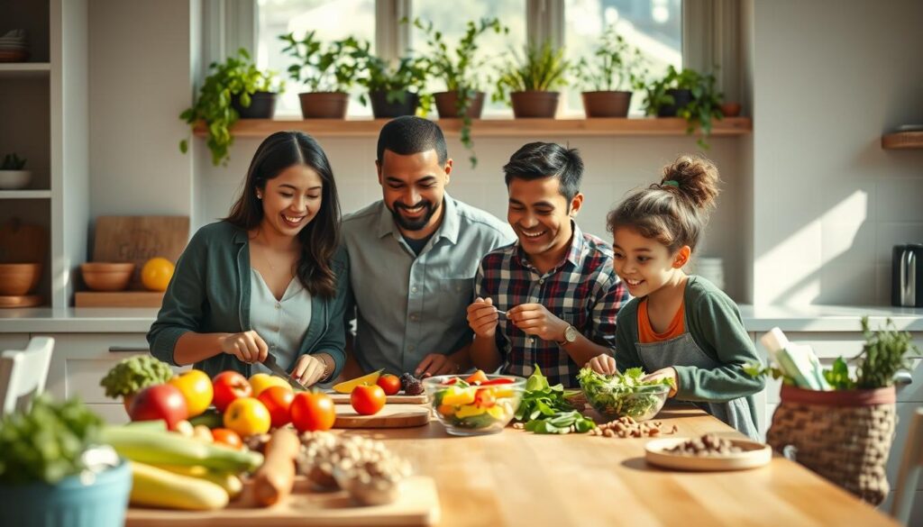 A warm, inviting kitchen scene filled with a sense of collaboration. In the foreground, a diverse family of four, dressed in modest casual clothing, is working together at a large wooden table. A mother and father are chopping fresh vegetables, while their two children, a boy and a girl, are eagerly assembling a colorful salad. In the middle ground, various healthy food items like fruits, whole grains, and nuts are displayed, emphasizing variety and abundance. The background features a sun-drenched window with potted herbs, casting soft, natural light that highlights the family's joyful expressions. The atmosphere is cheerful and supportive, capturing the essence of overcoming healthy eating obstacles together as a family unit. A warm, inviting kitchen scene filled with a sense of collaboration. In the foreground, a diverse family of four, dressed in modest casual clothing, is working together at a large wooden table. A mother and father are chopping fresh vegetables, while their two children, a boy and a girl, are eagerly assembling a colorful salad. In the middle ground, various healthy food items like fruits, whole grains, and nuts are displayed, emphasizing variety and abundance. The background features a sun-drenched window with potted herbs, casting soft, natural light that highlights the family's joyful expressions. The atmosphere is cheerful and supportive, capturing the essence of overcoming healthy eating obstacles together as a family unit.