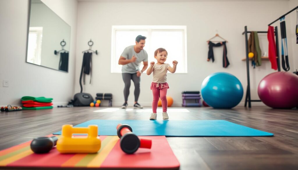 A bright and inviting family workout space, featuring an organized home gym designed with safety in mind. In the foreground, a colorful yoga mat is laid out, with a small set of children's weights and a fitness ball nearby. In the middle, an adult and a child are engaging in a fun and safe workout together, both dressed in comfortable activewear. They are smiling and encouraging each other, showcasing a supportive atmosphere. The background includes a wall mirror reflecting the space, along with gym equipment like resistance bands, a mat rack, and a stability ball, set in a well-lit room with natural sunlight pouring in through a large window. The overall mood is energetic and family-oriented, emphasizing safety and enjoyment in fitness activities.