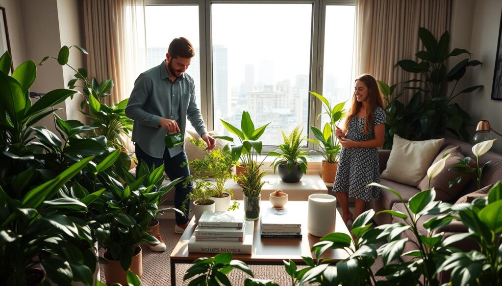 A cozy urban living room filled with vibrant houseplants, showcasing various types like snake plants, pothos, and peace lilies. In the foreground, a family of four—two adults in casual yet professional attire, and two children—interact with the plants, watering them and smiling. The middle-ground features a stylish coffee table adorned with wellness books and a humidifier, enhancing the air quality. The background reveals a large window with a cityscape view, sunlight streaming in, creating a warm and inviting atmosphere. Soft shadows play across the room, establishing a calm and harmonious ambiance, emphasizing the importance of air quality in urban living. A cozy urban living room filled with vibrant houseplants, showcasing various types like snake plants, pothos, and peace lilies. In the foreground, a family of four—two adults in casual yet professional attire, and two children—interact with the plants, watering them and smiling. The middle-ground features a stylish coffee table adorned with wellness books and a humidifier, enhancing the air quality. The background reveals a large window with a cityscape view, sunlight streaming in, creating a warm and inviting atmosphere. Soft shadows play across the room, establishing a calm and harmonious ambiance, emphasizing the importance of air quality in urban living.