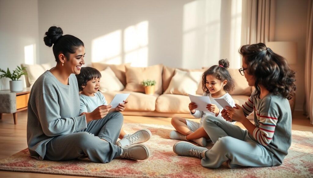 A serene family scene set in a cozy living room, showcasing a diverse family of four engaging in mindfulness gratitude practices. In the foreground, the parents and two children sit in a circle on a soft, colorful rug, each holding a small piece of paper where they write what they're grateful for. The mother, dressed in modest casual clothing, smiles encouragingly while the father, also in comfortable attire, gestures towards the children, sparking a joyful conversation. The middle section features a warm, softly lit space with cushions and a small indoor plant, contributing to a calming atmosphere. In the background, gentle sunlight streams through a window, casting soft shadows that enhance the peaceful mood of the scene. The overall feeling should be one of warmth, connection, and tranquility, perfect for illustrating gratitude practices.