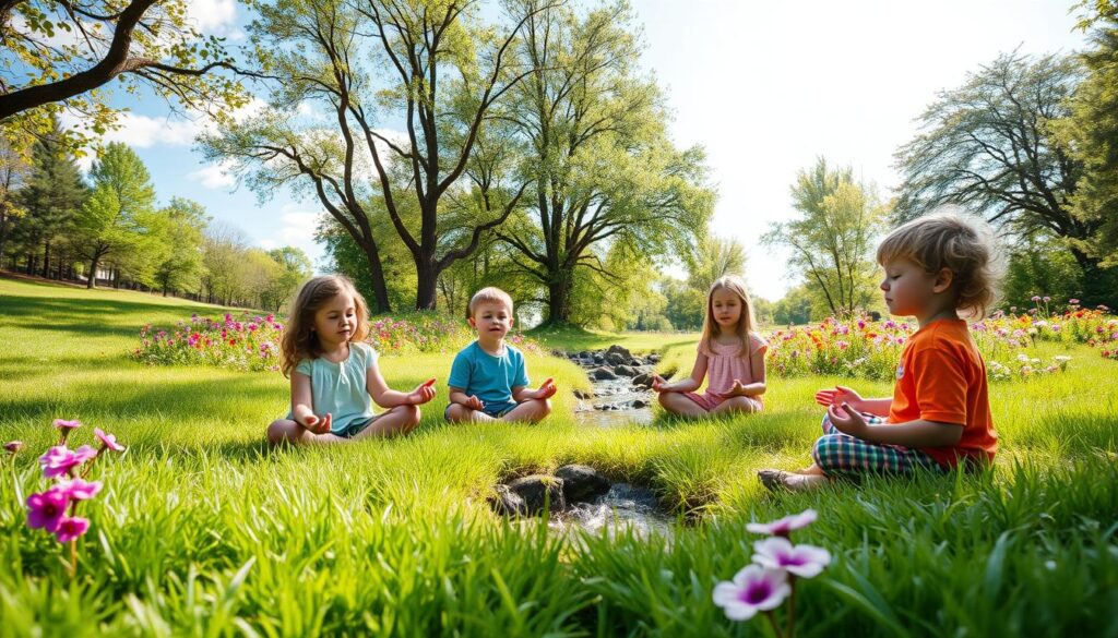 A serene scene of children engaged in meditation amidst nature, showcasing a diverse group of four children, ages 5-10, sitting in a circle on soft green grass, surrounded by trees and vibrant flowers. The foreground features their peaceful expressions, eyes gently closed, with hands resting on their knees. In the middle ground, a gentle stream flows, reflecting the dappled sunlight filtering through the leaves, creating a warm, inviting atmosphere. The background reveals a clear blue sky with fluffy white clouds. The lighting is soft and natural, enhancing the sense of tranquility and harmony. Capture this moment from a slightly elevated angle, giving a panoramic view that conveys a sense of connection to nature and mindfulness.