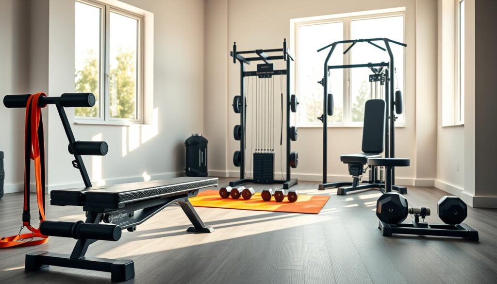 A sleek, modern home fitness area showcasing multi-functional workout equipment designed for family use. In the foreground, a versatile weight bench with adjustable components, resistance bands, and a compact squat rack. In the middle, a vibrant exercise mat with dumbbells neatly arranged beside a multifunctional cable machine, featuring various pulleys and attachments. The background displays a bright, airy room with large windows allowing natural sunlight to flood the space. Use warm, inviting lighting to create a motivational atmosphere. The angle should capture the entire setup from a slightly elevated perspective, emphasizing the functional layout that promotes active family engagement. A modern aesthetic with neutral colors and minimalistic decor completes the scene, reinforcing a sense of order and motivation for home workouts.