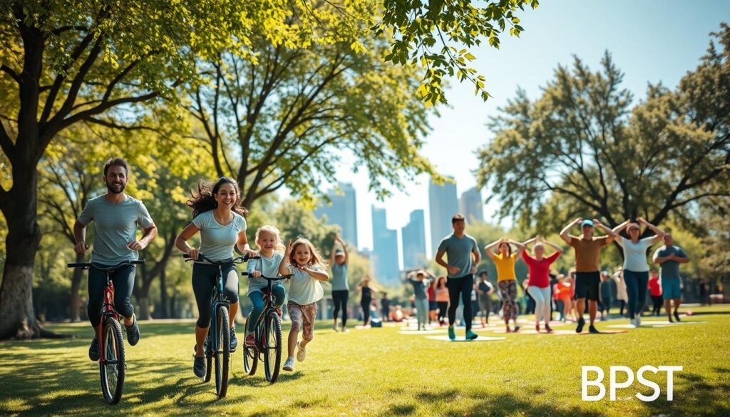 A vibrant city park scene showcasing a diverse urban family engaging in various fitness activities. In the foreground, a mother and father, dressed in modest athletic wear, are jogging together with their cheerful children, ages 6 and 8, riding their bicycles alongside. In the middle ground, a group of families is participating in a yoga class, with colorful mats spread out on the grass, surrounded by trees in lush green foliage. In the background, the city skyline looms, with modern buildings and a clear blue sky. The sunlight filters through the leaves, creating dappled shadows on the ground, adding warmth and positivity to the atmosphere. Capture the energy and joy of outdoor fitness in an urban setting, emphasizing health and family bonding. A vibrant city park scene showcasing a diverse urban family engaging in various fitness activities. In the foreground, a mother and father, dressed in modest athletic wear, are jogging together with their cheerful children, ages 6 and 8, riding their bicycles alongside. In the middle ground, a group of families is participating in a yoga class, with colorful mats spread out on the grass, surrounded by trees in lush green foliage. In the background, the city skyline looms, with modern buildings and a clear blue sky. The sunlight filters through the leaves, creating dappled shadows on the ground, adding warmth and positivity to the atmosphere. Capture the energy and joy of outdoor fitness in an urban setting, emphasizing health and family bonding.