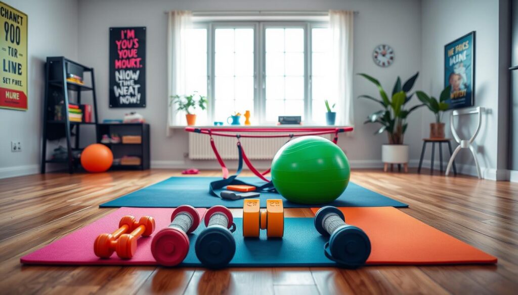 A vibrant home fitness setup designed for teens. In the foreground, a set of colorful exercise mats and compact weights are arranged neatly. In the middle, a multi-functional resistance band system and a stability ball are featured, demonstrating versatility. The background features a bright, well-lit room with motivational posters on the walls and a large window allowing natural light to stream in, creating an energetic and inviting atmosphere. A wooden floor adds warmth, and an indoor plant breathes life into the scene. The mood is uplifting and encouraging, showcasing a safe and fun environment for teens to engage in healthy exercise habits. The composition is shot from a slightly elevated angle, emphasizing the equipment and inviting interaction without any human subjects present. The lighting is bright yet soft, enhancing the colors of the equipment.