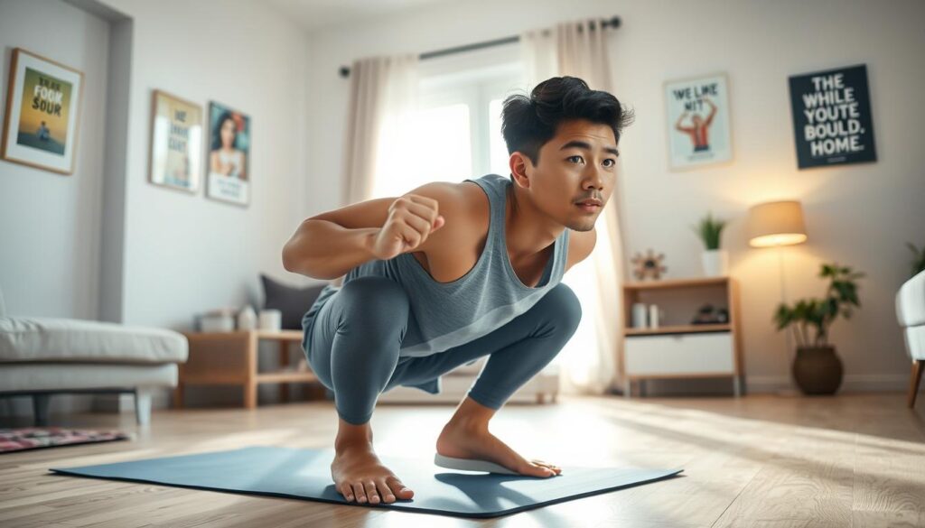 A vibrant home workout scene featuring a teenager engaged in a bodyweight exercise, such as squats or push-ups, in a spacious living room. The teenager, a male of Asian descent, is wearing comfortable athletic clothing, showcasing a focus on fitness and determination. The foreground captures their engaged posture, while light streams in from a window in the background, illuminating the scene with a warm, inviting glow. The walls are adorned with motivational posters, and a yoga mat lies on the floor, indicating a safe and welcoming workout environment. Soft, natural colors dominate the scene, creating a relaxed yet energetic atmosphere that emphasizes the importance of beginner-friendly exercise. The camera angle should be slightly elevated to capture both the teenager's form and the workout setting effectively.