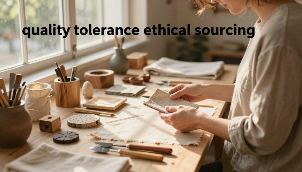 A beautifully arranged artisan workshop showcasing the theme of "quality tolerance ethical sourcing." In the foreground, a skilled craftsperson in modest casual clothing examines a handmade product, surrounded by tools and materials that reflect sustainability, such as organic fabrics and recycled woods. In the middle ground, a table is laid out with various handcrafted items, some showing natural imperfections, emphasizing the unique beauty of handmade goods. The background features natural light streaming through large windows, casting soft shadows and creating a warm, inviting atmosphere. The overall mood is one of harmony between craftsmanship and environmental responsibility, illuminated by a golden hour glow, capturing the essence of ethical sourcing and sustainable practices. A beautifully arranged artisan workshop showcasing the theme of "quality tolerance ethical sourcing." In the foreground, a skilled craftsperson in modest casual clothing examines a handmade product, surrounded by tools and materials that reflect sustainability, such as organic fabrics and recycled woods. In the middle ground, a table is laid out with various handcrafted items, some showing natural imperfections, emphasizing the unique beauty of handmade goods. The background features natural light streaming through large windows, casting soft shadows and creating a warm, inviting atmosphere. The overall mood is one of harmony between craftsmanship and environmental responsibility, illuminated by a golden hour glow, capturing the essence of ethical sourcing and sustainable practices.