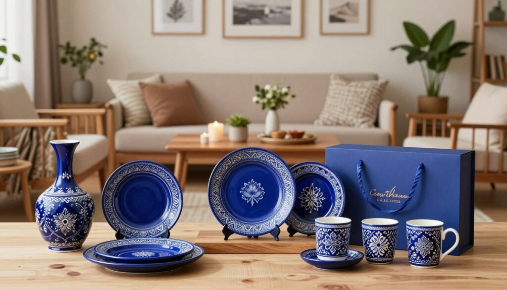 A beautifully arranged collection of Jaipur blue pottery gift sets displayed in an elegant home setting for a housewarming. In the foreground, showcase an assortment of intricately designed blue pottery items, including a decorative vase, dinner plates, and unique mugs, each featuring traditional floral patterns. In the middle, highlight a warm, inviting living room ambiance with natural wood furniture adorned with soft textiles, candles, and green plants. The background should feature a thoughtfully decorated wall with artwork, creating a cozy atmosphere. Use soft, natural lighting to enhance the warm tones, capturing a sense of celebration and elegance, perfect for housewarming and Diwali gifts. The image evokes a welcoming and stylish mood, appealing to various gift personas: minimalist, traditionalist, host, and newlyweds.