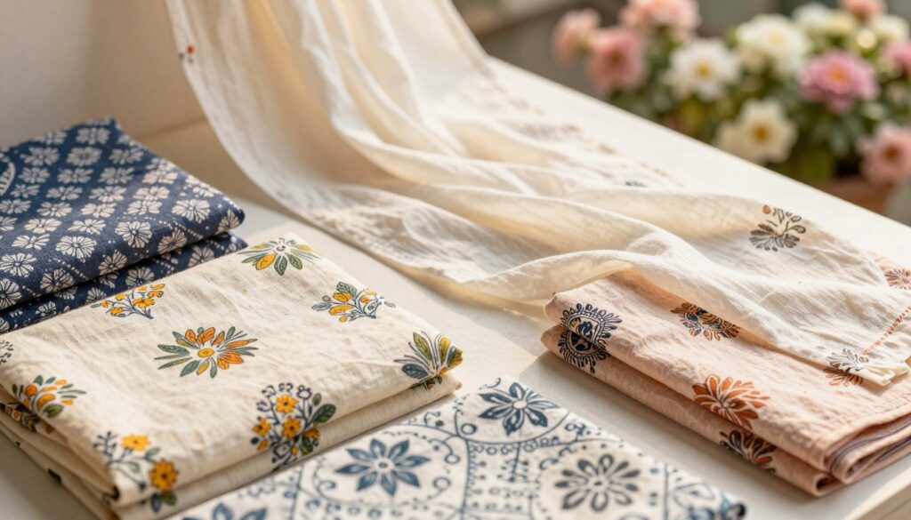A beautifully arranged comparison of soft cotton kurtas fabrics, showcasing mulmul, cambric, and modal with intricate Sanganeri block prints in floral motifs. In the foreground, neatly folded pieces of each fabric type are displayed, allowing close inspection of their textures. The middle features wisps of lightweight material billowing slightly, capturing their delicate nature. In the background, a softly blurred outdoor setting with pastel-colored flowers enhances the artistic vibe. Utilize natural, diffused sunlight for a warm, inviting glow that highlights the fabrics' characteristics. The angle should provide a top-down view, offering a seamless blend of colors and patterns, creating a tranquil yet vibrant atmosphere that emphasizes everyday styling and comfort without any text or distractions.